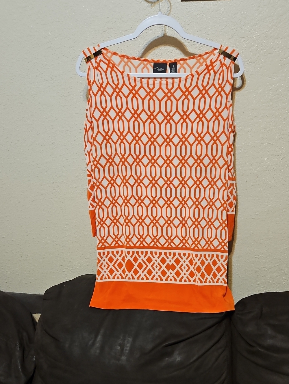 Chico's Cold Shoulder Orange & White Geometric Sleeveless Tunic Top